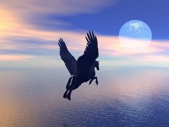 Pegasus flying over the ocean.