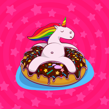 An Unicorn laying on a funfetti donut, it also likes funfetti pancakes. 