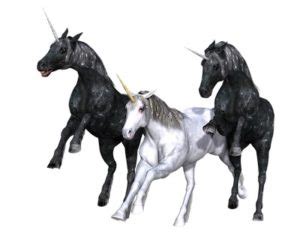 Two Black and one white unicorn with different spiritual meanings. 
