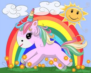A Cartoon Unicorn running torwards the rainbow for the quick snack. 