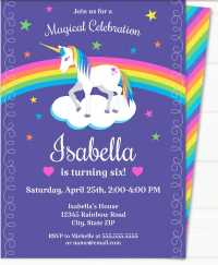 Pink and Purple Unicorn Birthday invitation with rainbows