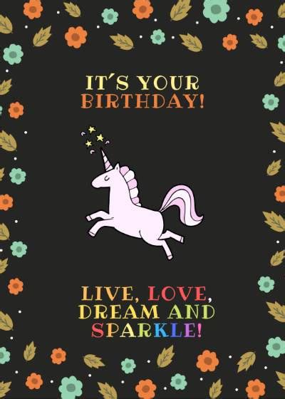 "Live, Love, Dream and Sparkle!" Unicorn Birthday wishes