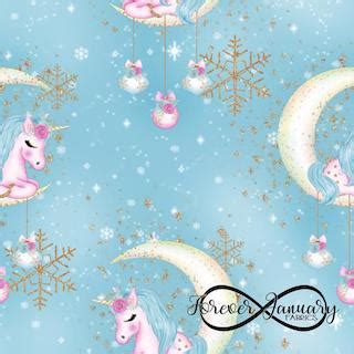 Unicorn fabric with snowflakes and moon.