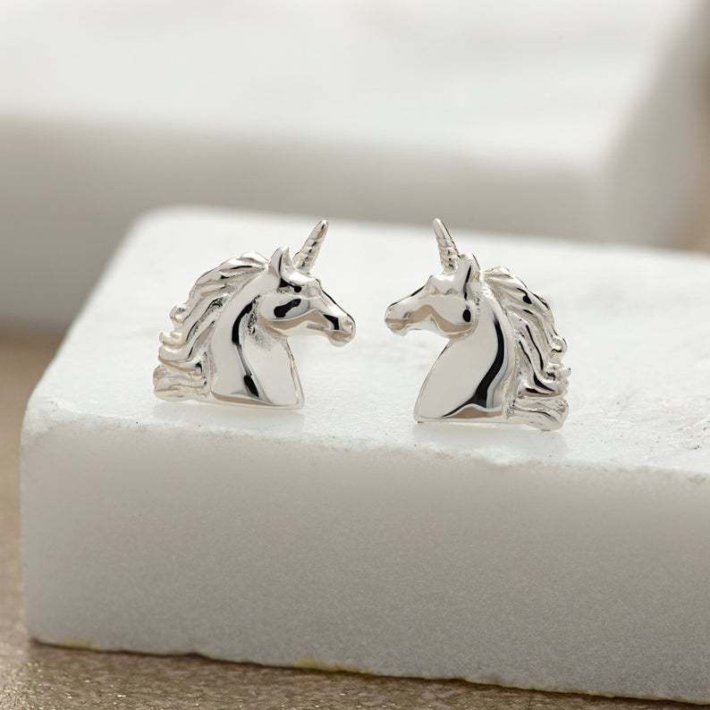 Unicorn head silver stud earrings