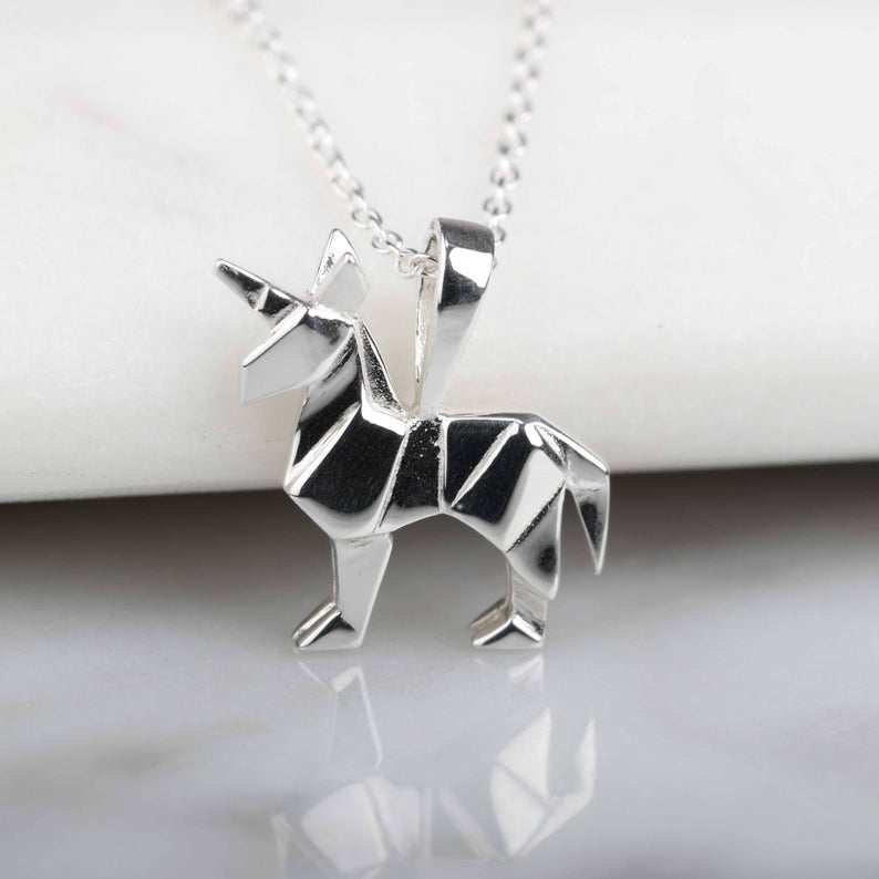 Silver unicorn origami necklace